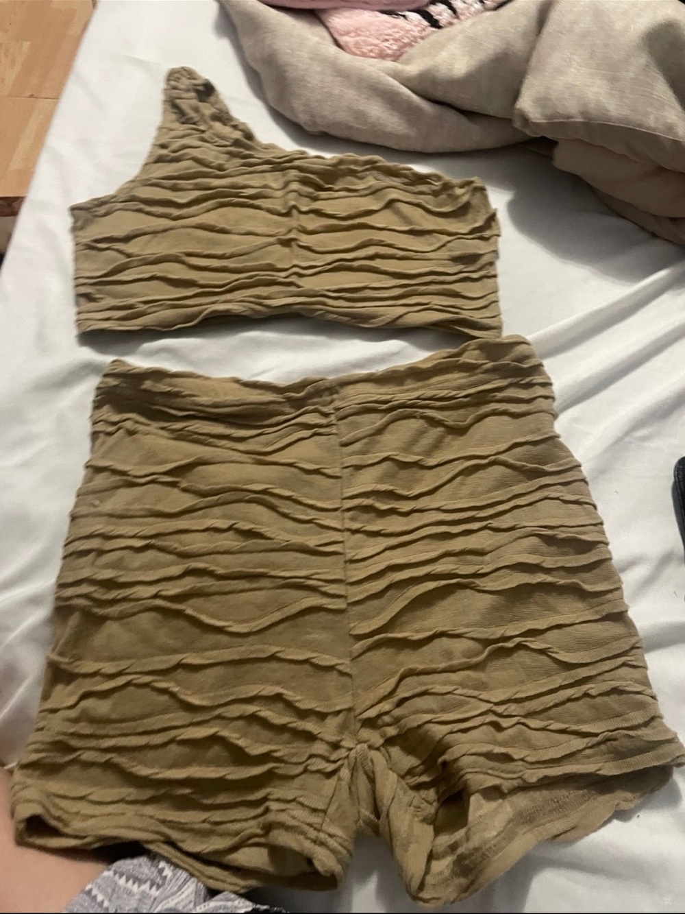 Ruffle Textured One-Shoulder Crop Top & High-Waist Shorts Set - Tan